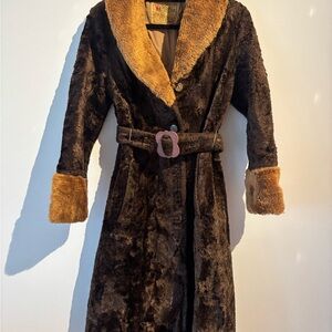 Vintage Brown Faux Fur Coat with Tan Accents